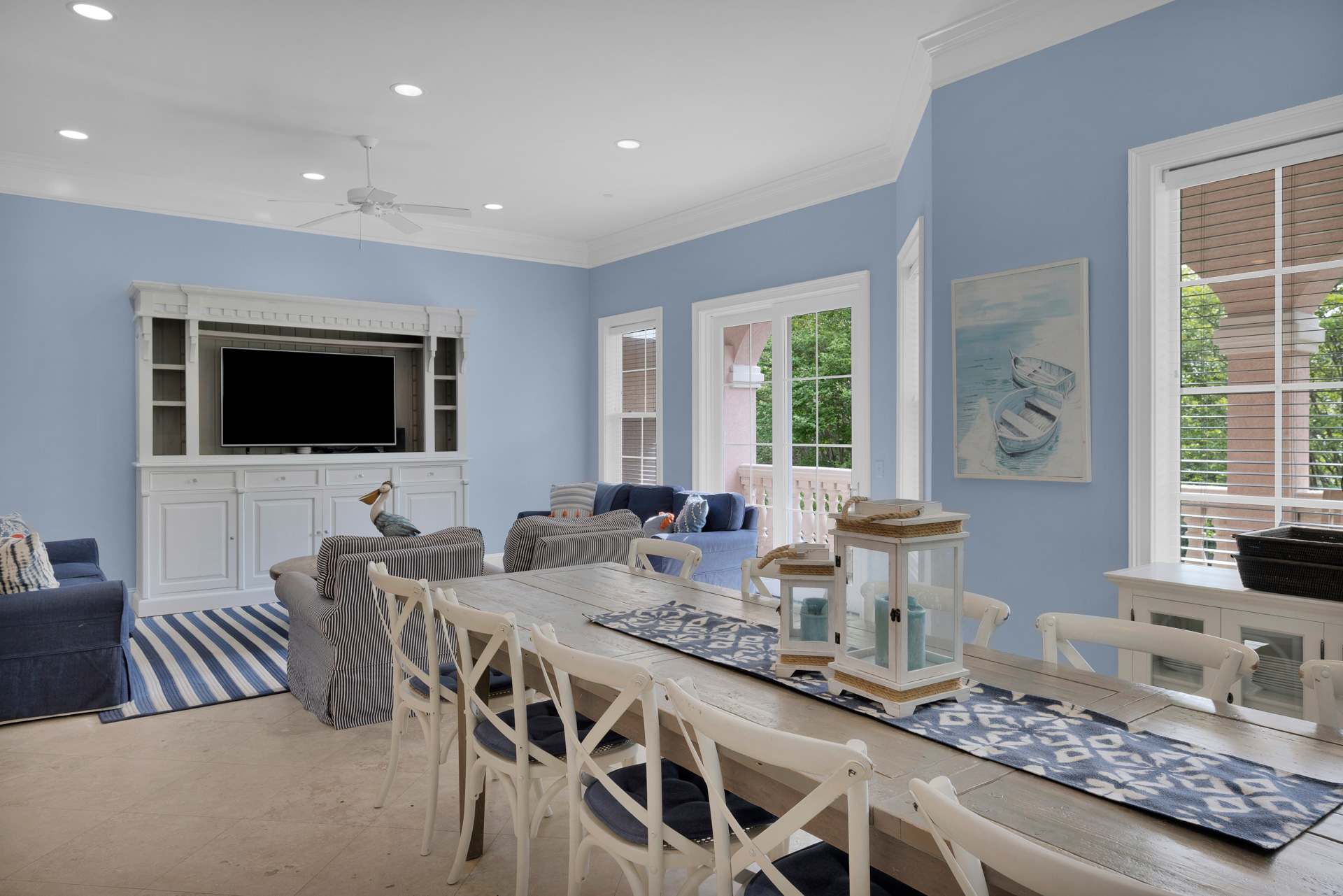 Dining table for 12 with living room beyond